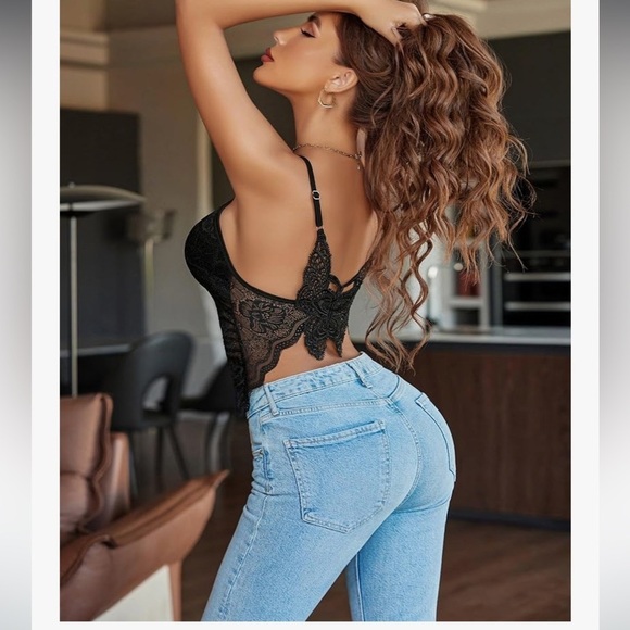 Avidlove Tank Top Lace Crop Butterfly Bustier Adjustable Spaghetti Straps Black - Picture 2 of 9